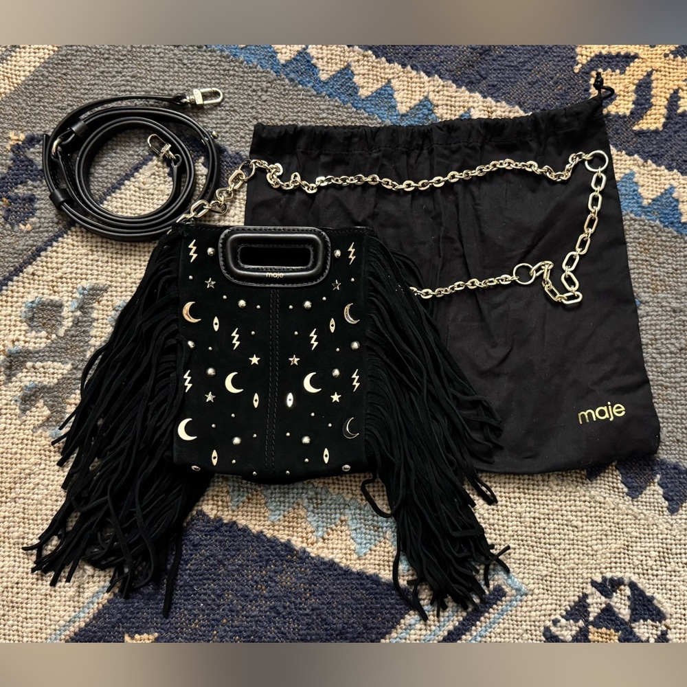 Maje M Bag Mini Black Suede Fringe Embellished Bag – 2 Straps + Dust Bag